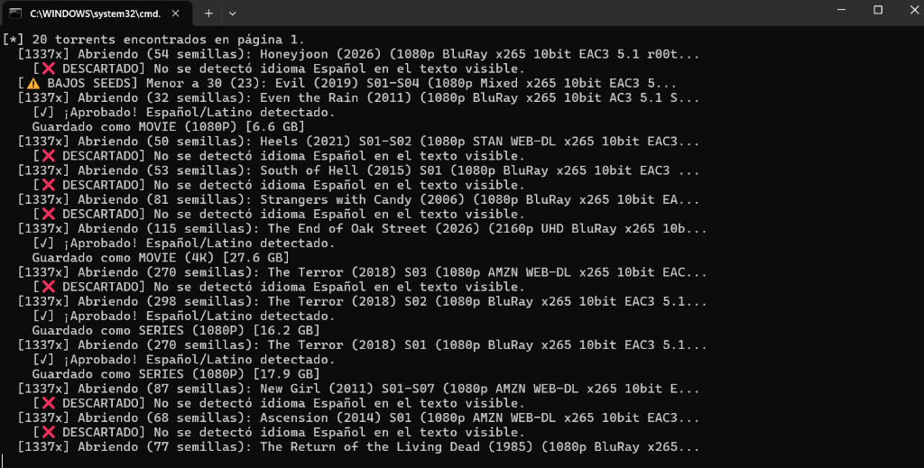 Consola del Crawler Latarr filtrando idiomas y semillas